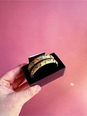 Joan Rivers Two (2) Gold Tone, Crystals, Mosaic Enamel Hinged Bangle Bracelets